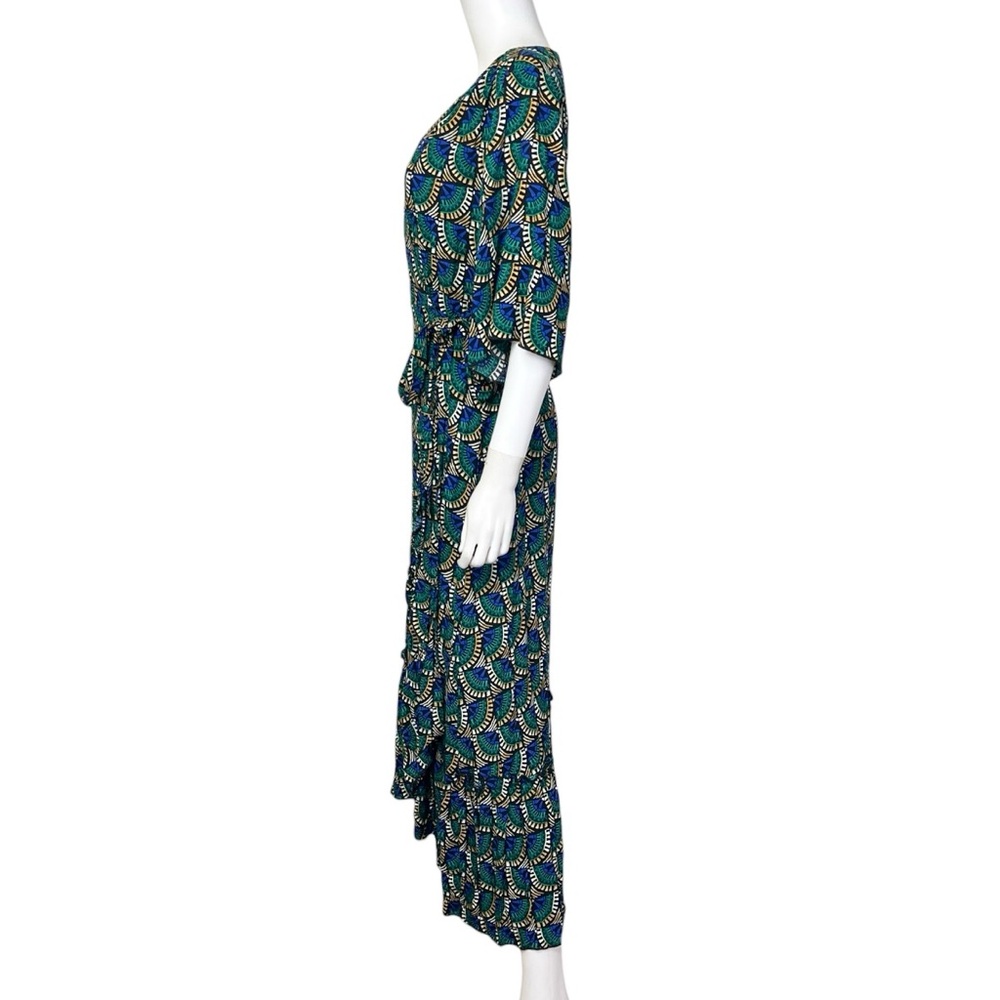 Printed V-Neck Midi Dress in Teal and Navy - Picture 6 of 10